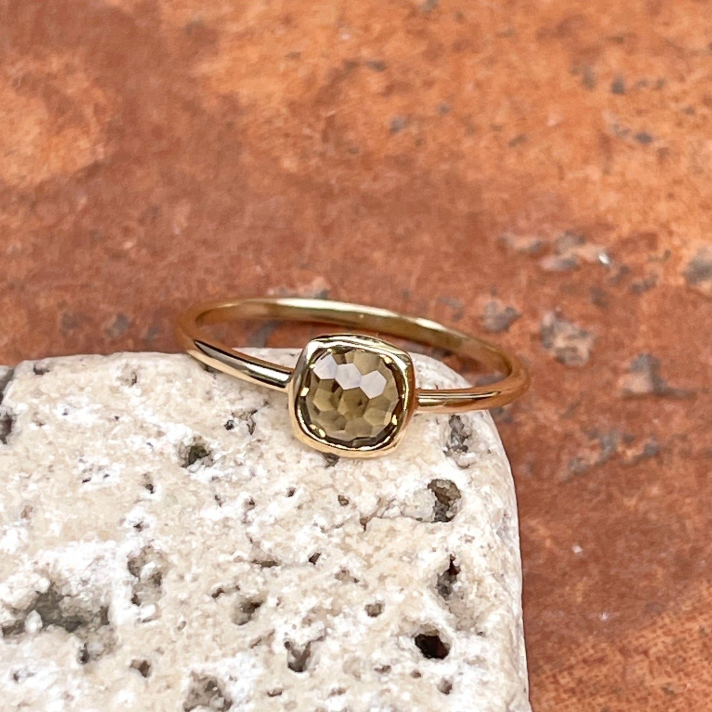 14KT Yellow Gold Bezel Cushion Beer Quartz Ring