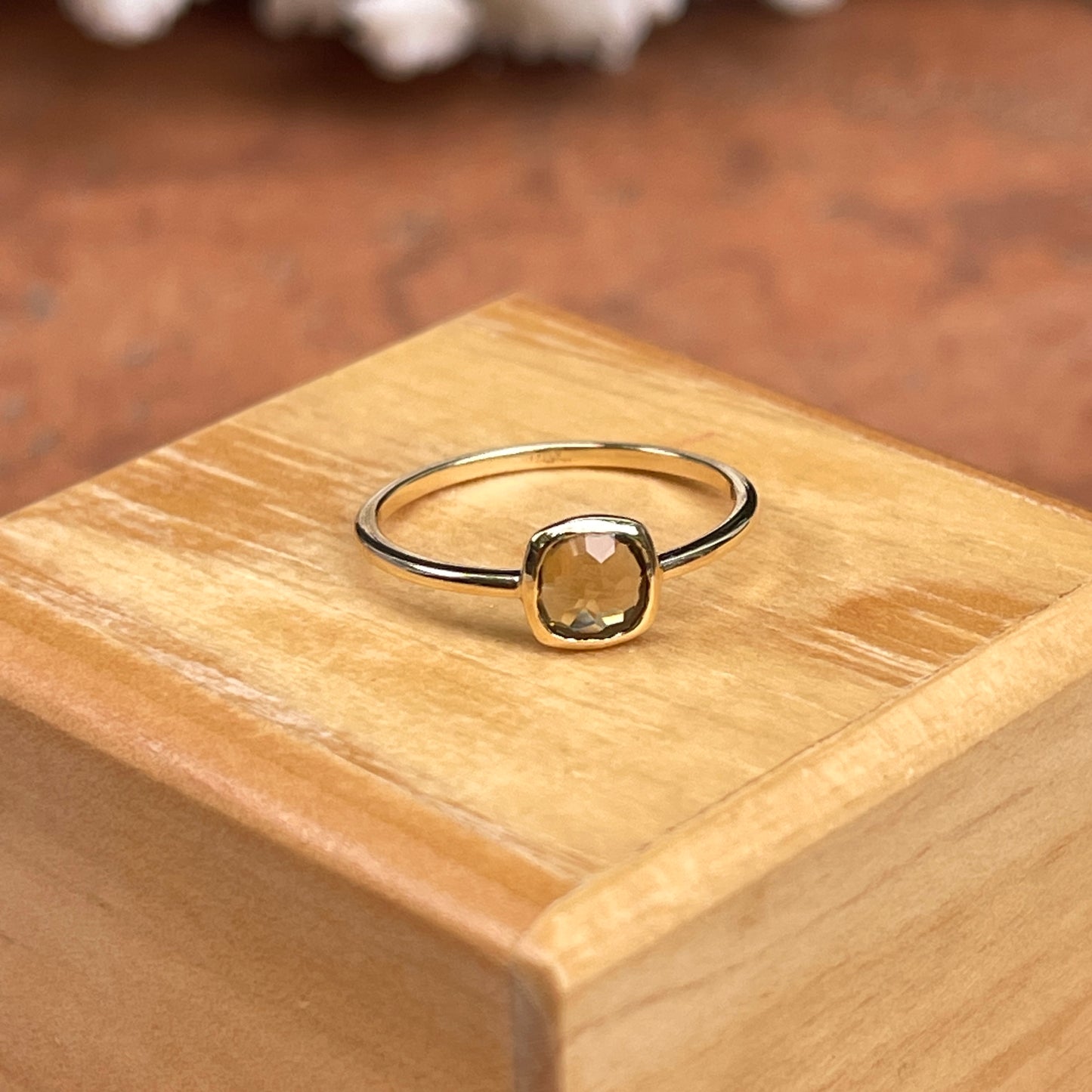 14KT Yellow Gold Bezel Cushion Beer Quartz Ring