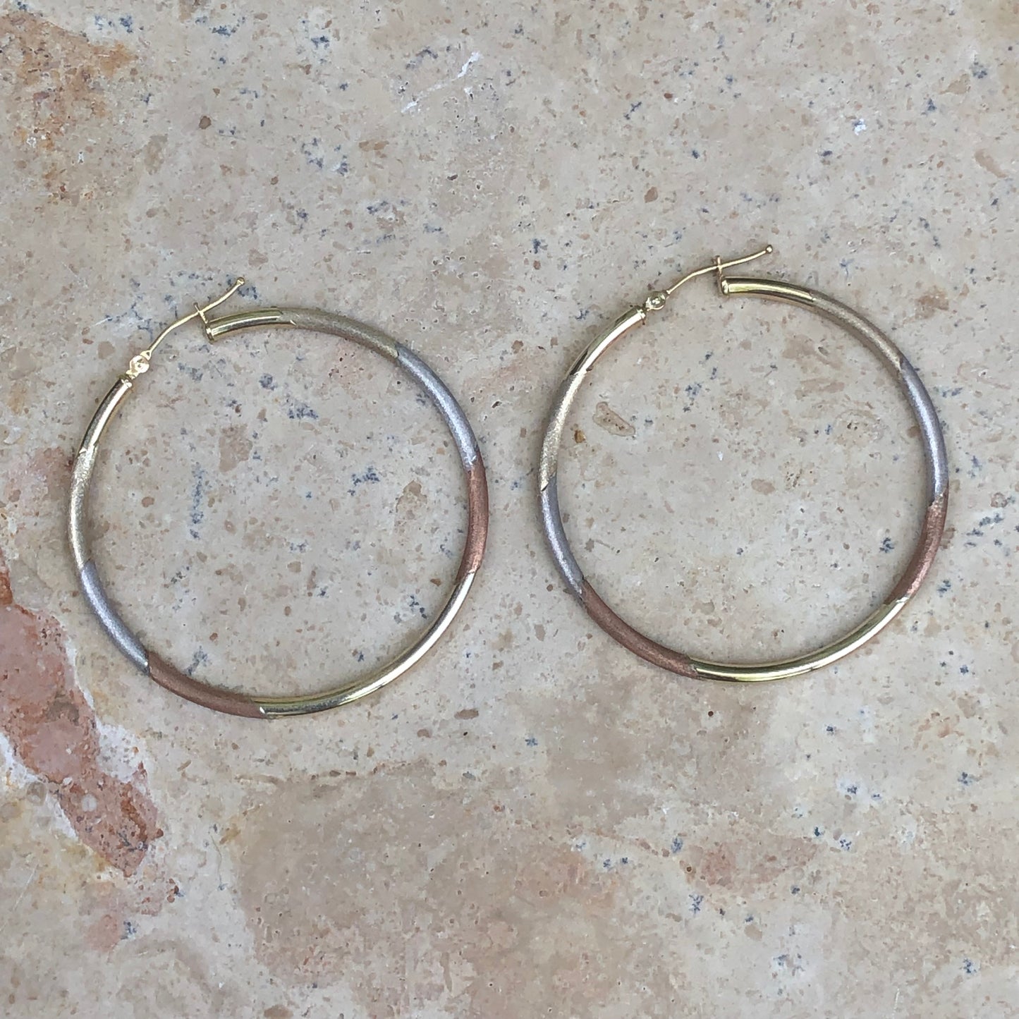 10KT White Gold, Yellow Gold + Rose Gold Diamond-Cut Hoop Earrings, 10KT White Gold, Yellow Gold + Rose Gold Diamond-Cut Hoop Earrings - Legacy Saint Jewelry