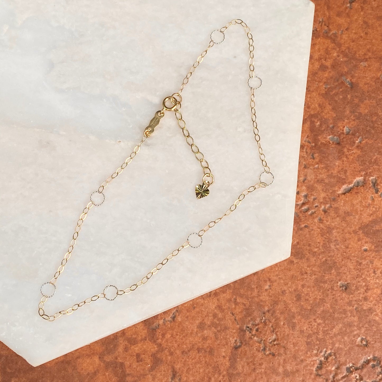 14KT Yellow Gold + White Gold Open Link Circles Chain Anklet