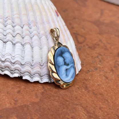 14KT Yellow Gold Mother + Child Blue Cameo Framed Oval Pendant 30mm