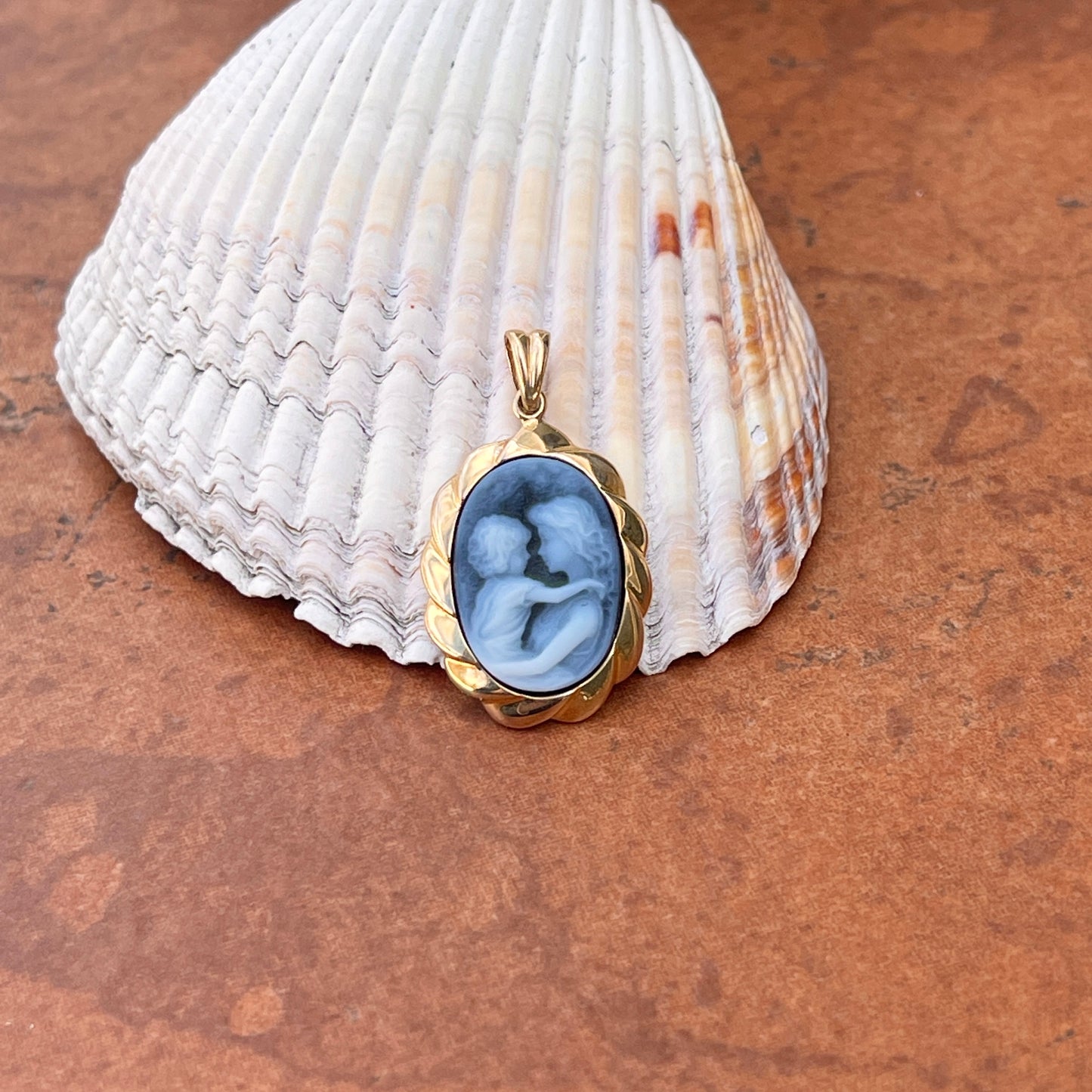 14KT Yellow Gold Mother + Child Blue Cameo Framed Oval Pendant 30mm