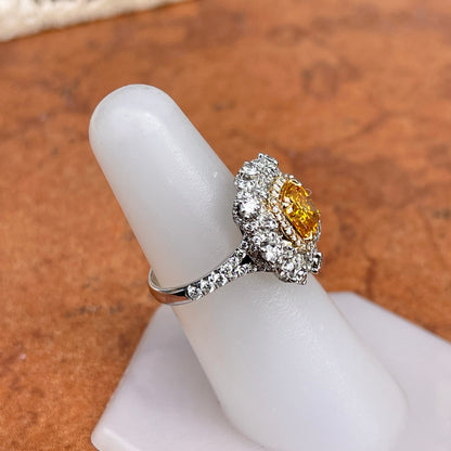 Estate 18KT White Gold Cushion-Cut Yellow Diamond + Pave Diamond Ring