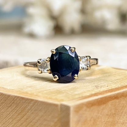 Estate 14KT Yellow Gold Oval 2.20 CT Blue Sapphire + Diamond Accent Ring