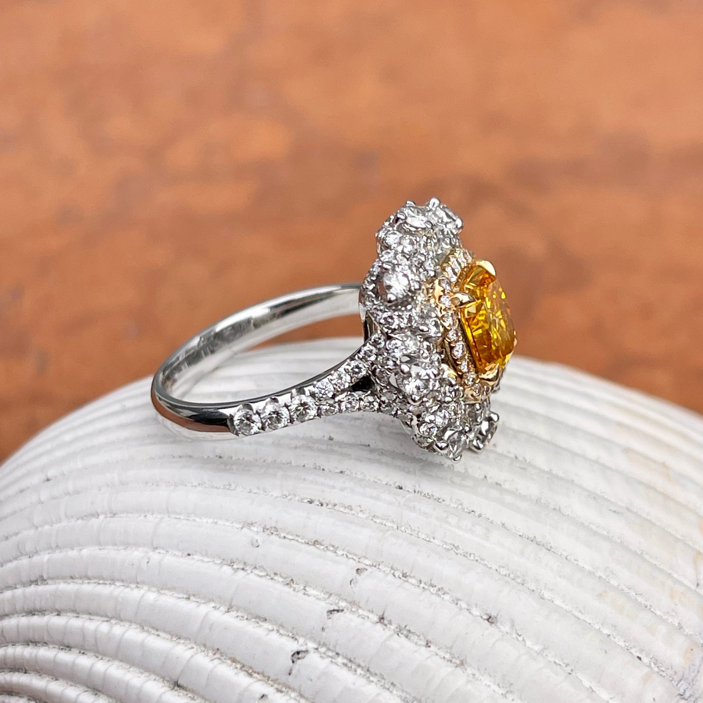 Estate 18KT White Gold Cushion-Cut Yellow Diamond + Pave Diamond Ring