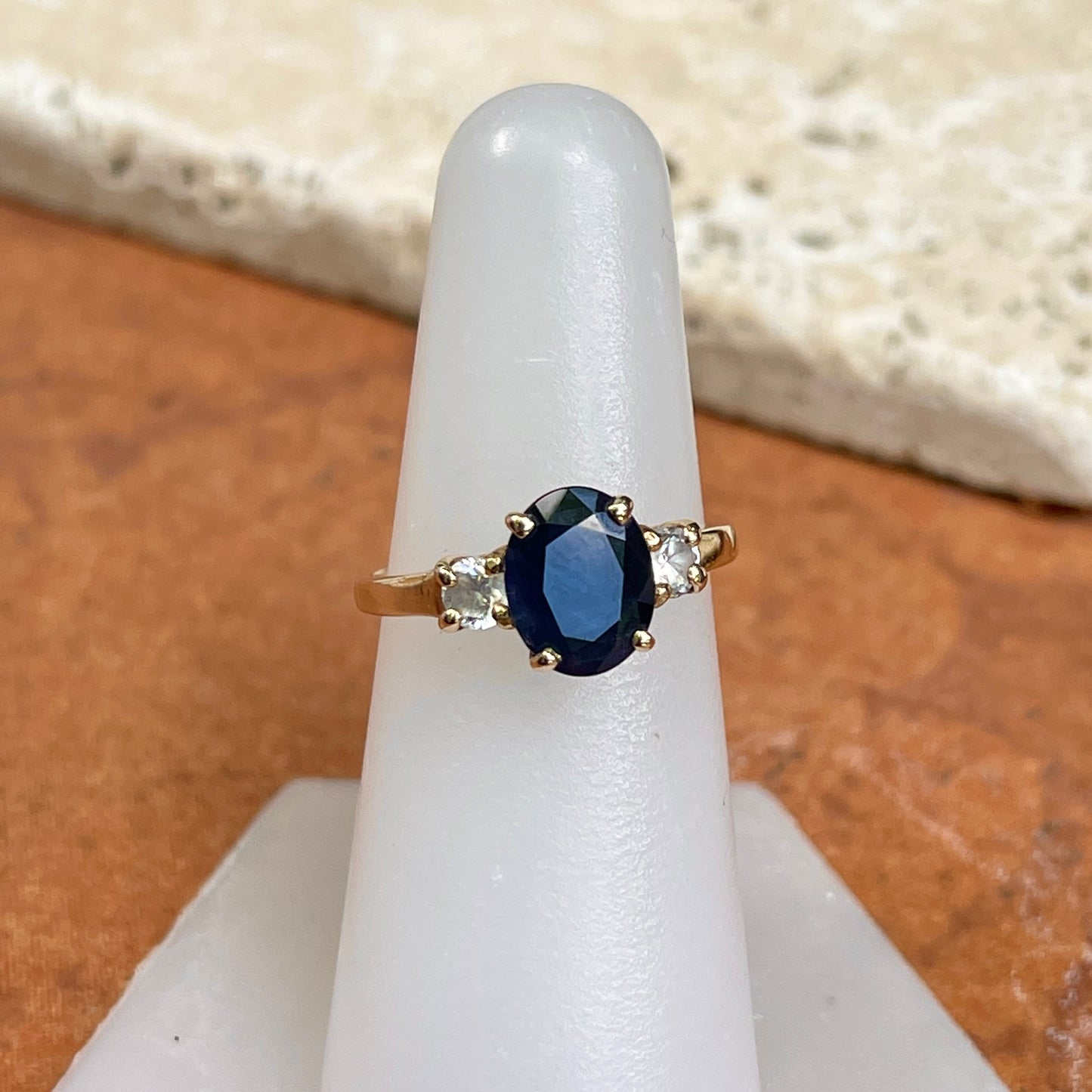 Estate 14KT Yellow Gold Oval 2.20 CT Blue Sapphire + Diamond Accent Ring