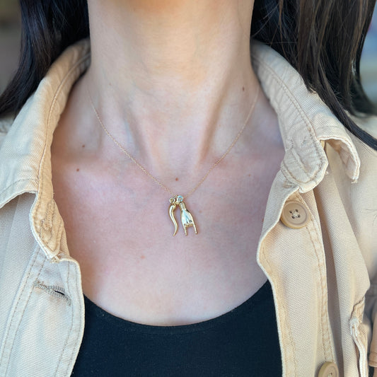 14KT Yellow Gold 30mm Mano Cornuto + Corno Italian Horn Pendants Chain Necklace - LSJ