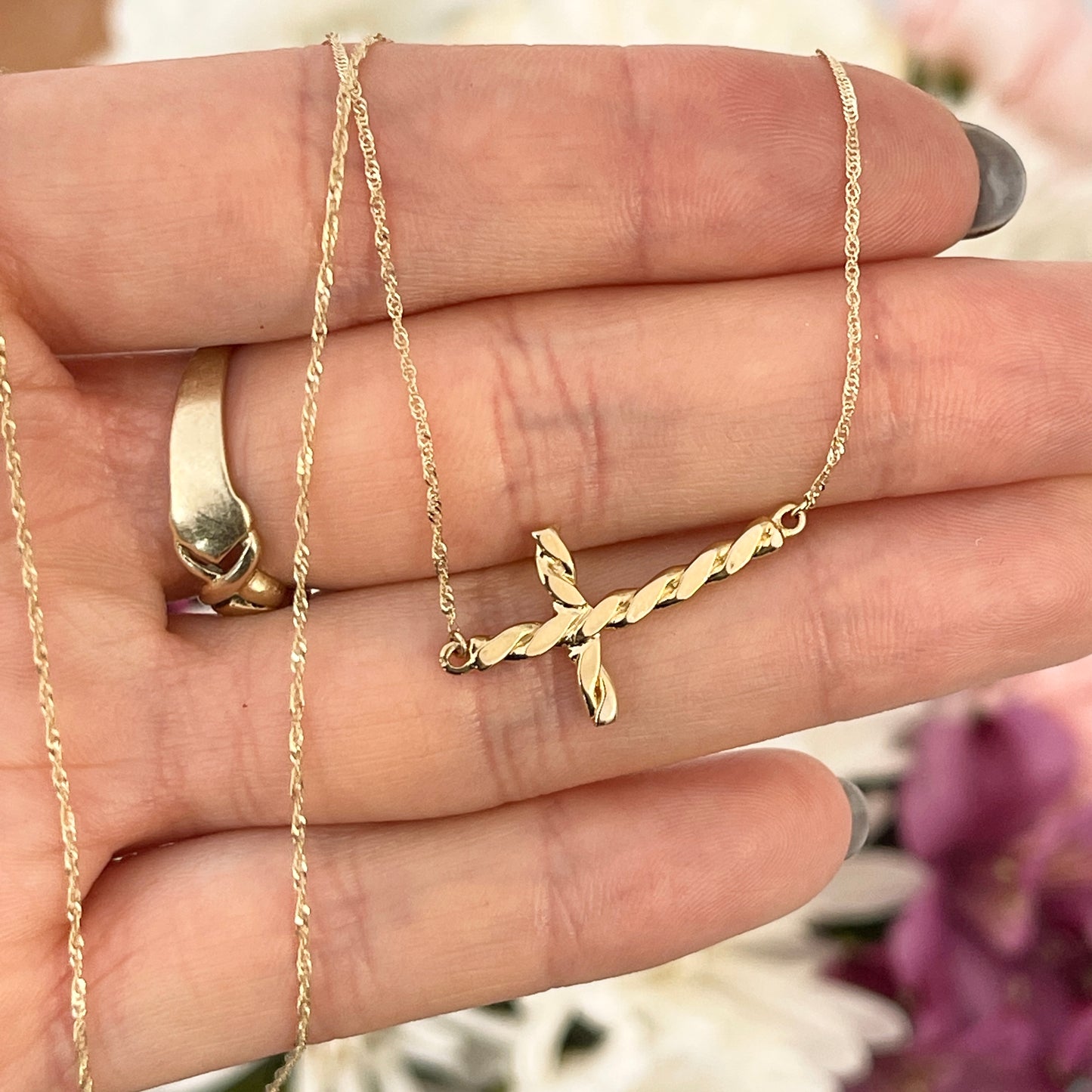 14KT Yellow Gold Twisted Sideways Cross Pendant Necklace