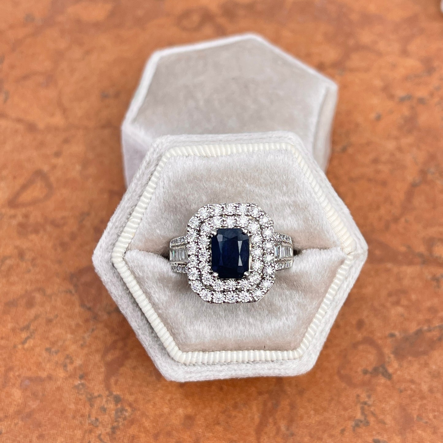 Estate 14KT White Gold Emerald-Cut Blue Sapphire + Double Diamond Halo Ring
