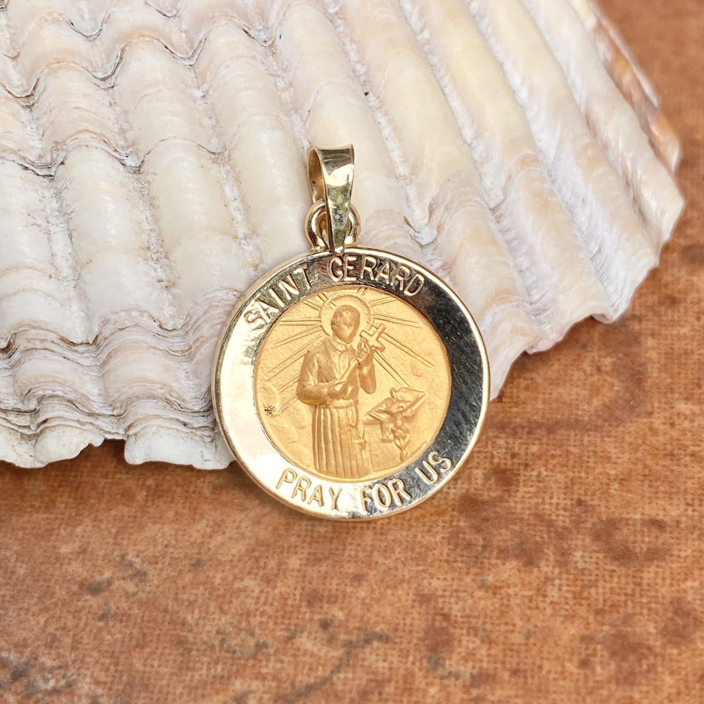 14KT Yellow Gold Satin + Polished Saint Gerard Round Medal Pendant 15mm