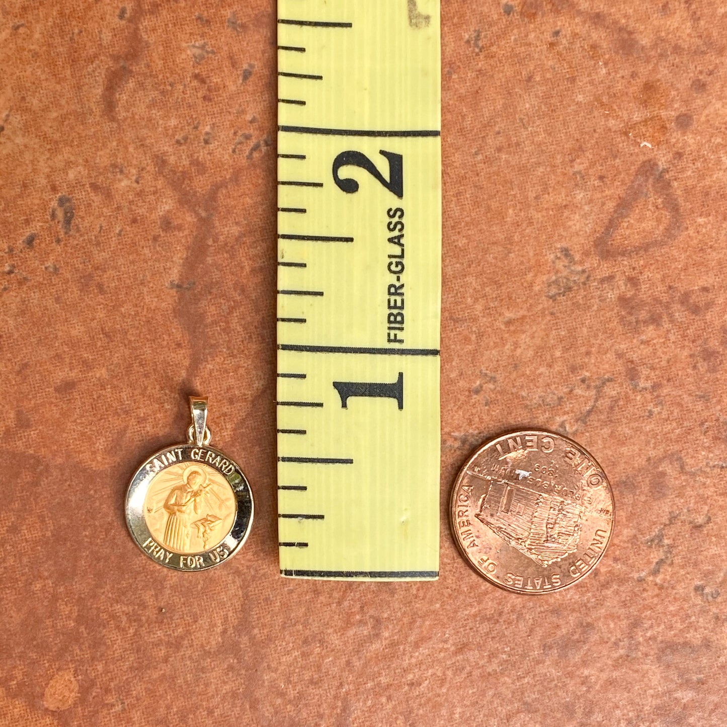 14KT Yellow Gold Satin + Polished Saint Gerard Round Medal Pendant 15mm