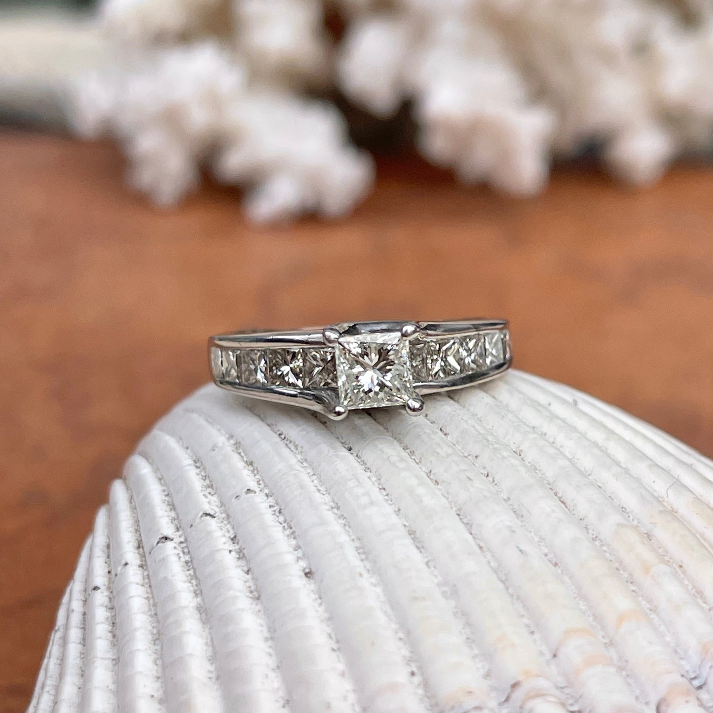 Estate 14KT White Gold Princess Cut + Channel Cut Diamond Engagement Ring