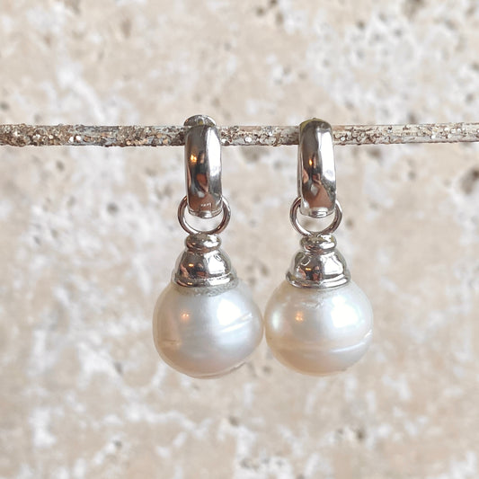 Sterling Silver Huggie Hoop with Paspaley Pearl Charm Earrings, Sterling Silver Huggie Hoop with Paspaley Pearl Charm Earrings - Legacy Saint Jewelry