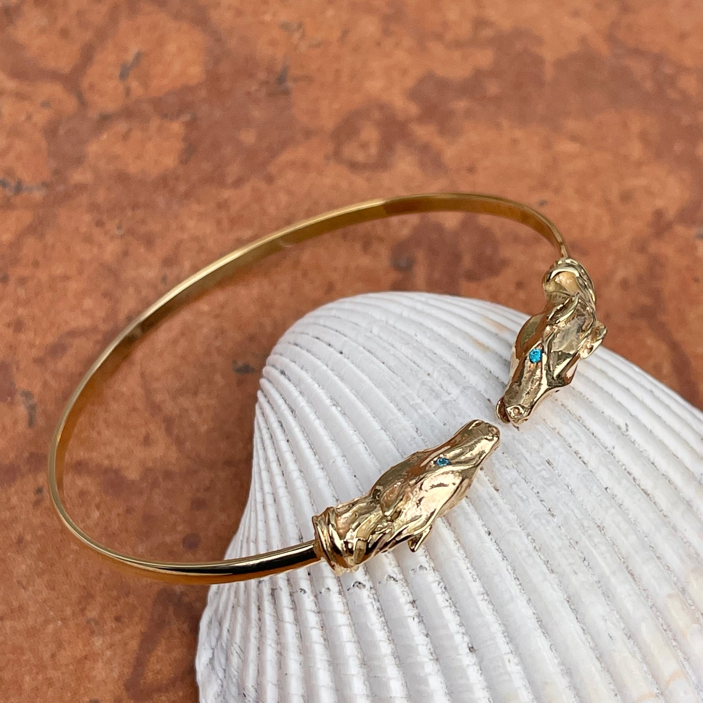 Estate 14KT Yellow Gold Double Horse Head Blue Topaz Bangle Cuff Bracelet