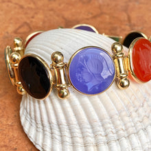 Load image into Gallery viewer, Estate 14KT Yellow Gold Intaglio Carved Multi-Colored Onyx + Carnelian Gemstone Links Bracelet