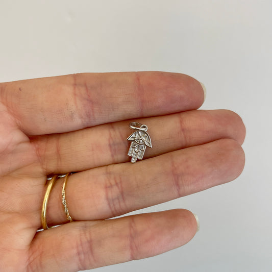 14KT White Gold Mini Raised Design Hamsa Pendant Charm