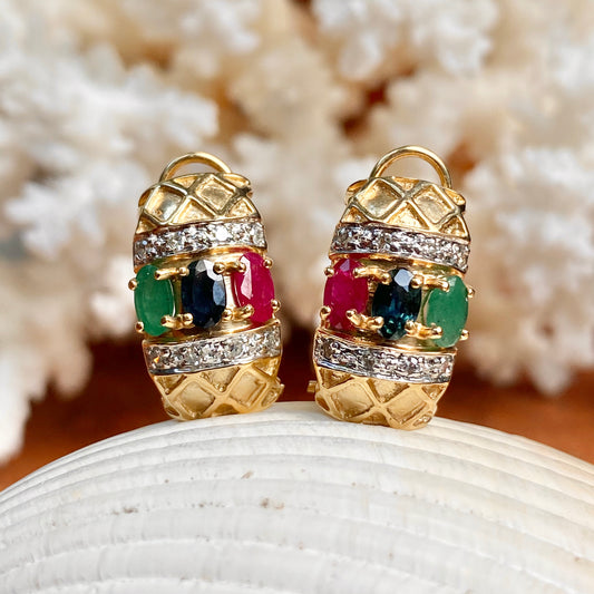 Estate 14KT Yellow Gold Pave Diamond + Ruby, Sapphire, Emerald Omega Back Earrings