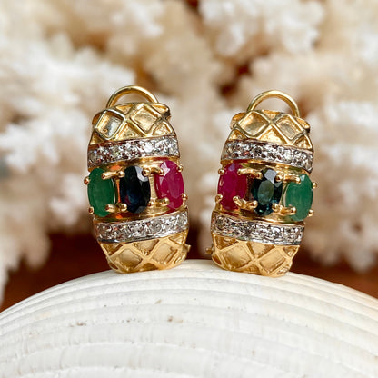 Estate 14KT Yellow Gold Pave Diamond + Ruby, Sapphire, Emerald Omega Back Earrings