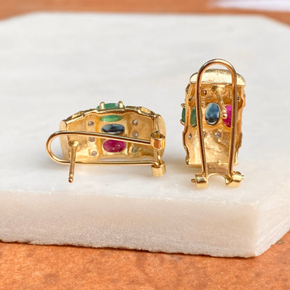 Estate 14KT Yellow Gold Pave Diamond + Ruby, Sapphire, Emerald Omega Back Earrings