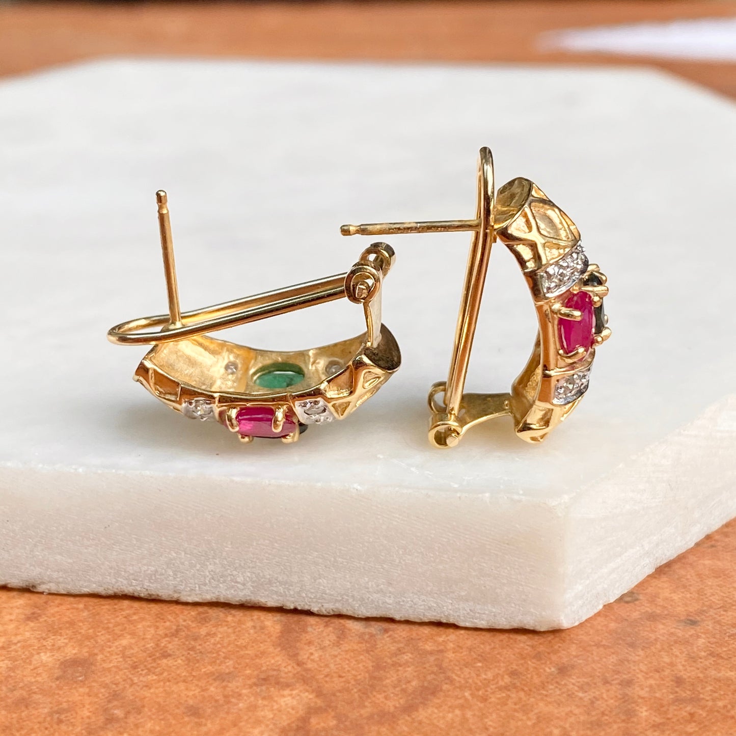 Estate 14KT Yellow Gold Pave Diamond + Ruby, Sapphire, Emerald Omega Back Earrings