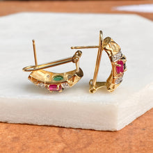 Load image into Gallery viewer, Estate 14KT Yellow Gold Pave Diamond + Ruby, Sapphire, Emerald Omega Back Earrings