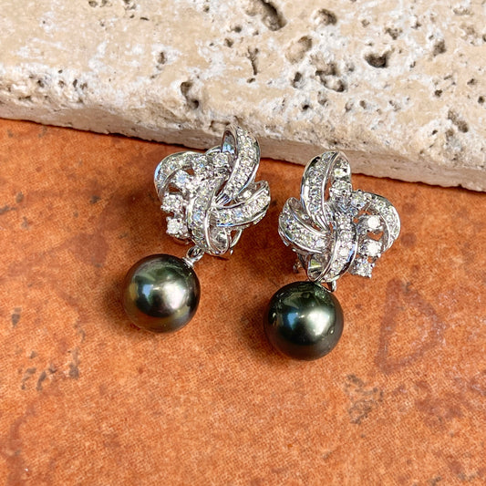 Estate 18KT White Gold Pave Diamond + Gray Tahitian Pearl Omega Back Earrings