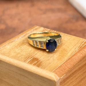 Estate 18KT Yellow Gold Oval 1.28 CT Blue Sapphire + Baguette Diamond Ring