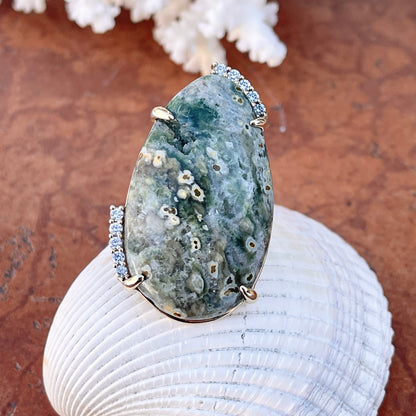 14KT Yellow Gold Teardrop Agate Geode Druzy + Diamond Accent Ring