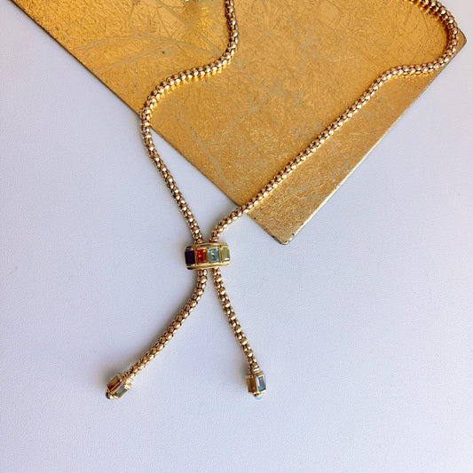 Estate 14KT Yellow Gold Byzantine Multi-Gemstone Popcorn Lariat Necklace