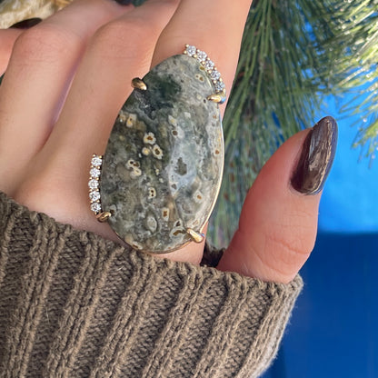 14KT Yellow Gold Teardrop Agate Geode Druzy + Diamond Accent Ring