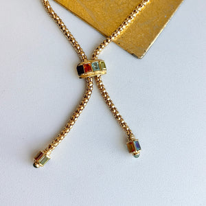 Estate 14KT Yellow Gold Byzantine Multi-Gemstone Popcorn Lariat Necklace