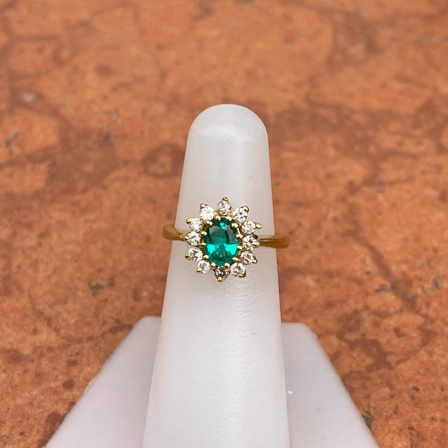 Estate 18KT Yellow Gold Lab 1.00 CT Oval Emerald + Diamond Halo Ring