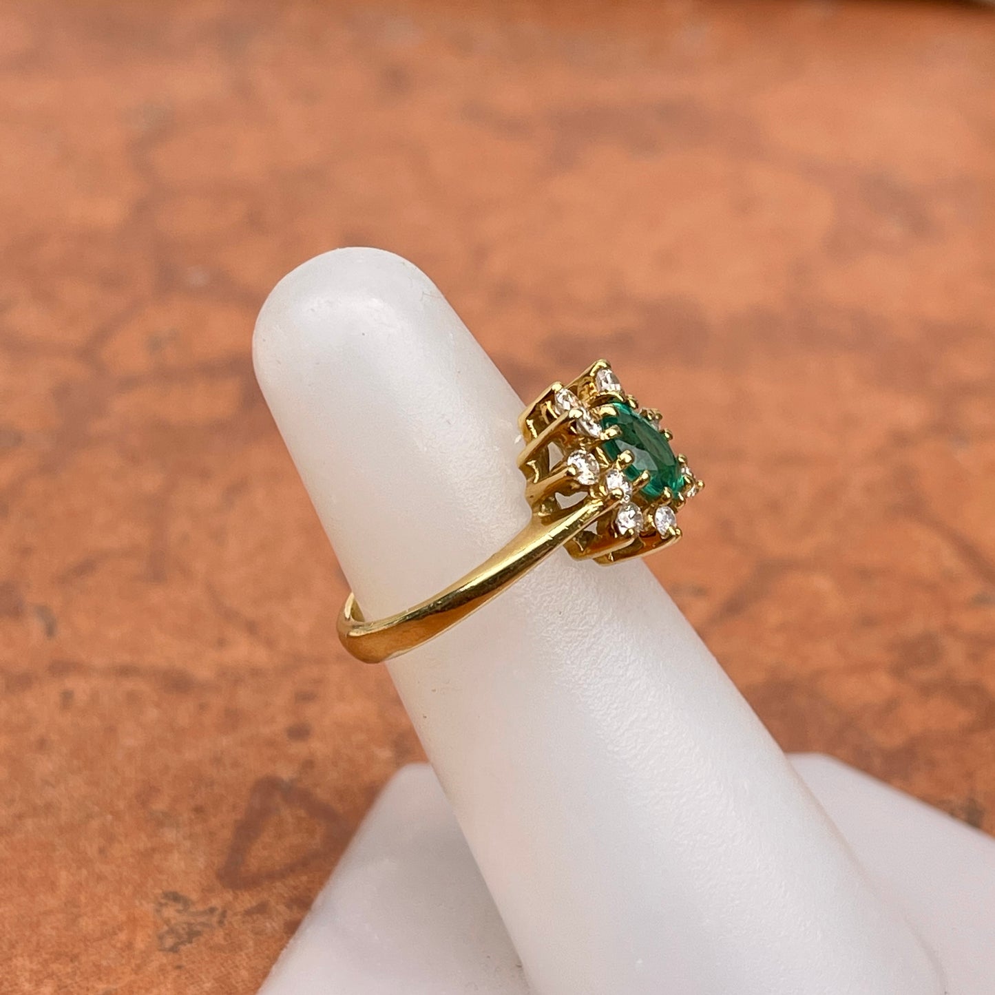 Estate 18KT Yellow Gold Lab 1.00 CT Oval Emerald + Diamond Halo Ring