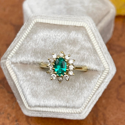 Estate 18KT Yellow Gold Lab 1.00 CT Oval Emerald + Diamond Halo Ring