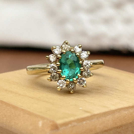 Estate 18KT Yellow Gold Lab 1.00 CT Oval Emerald + Diamond Halo Ring