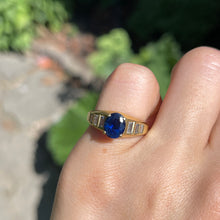Load image into Gallery viewer, Estate 18KT Yellow Gold Oval 1.28 CT Blue Sapphire + Baguette Diamond Ring