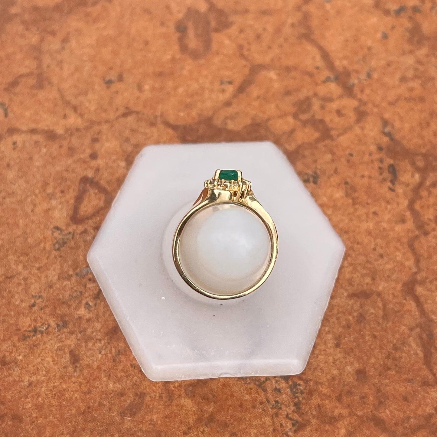 Estate 14KT Yellow Gold Oval .65 Carat Emerald + Diamond Halo Concave Ring
