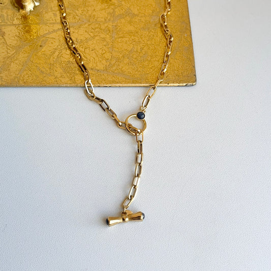18KT Yellow Gold Paper Clip Chain Lapis Toggle Lariat Necklace