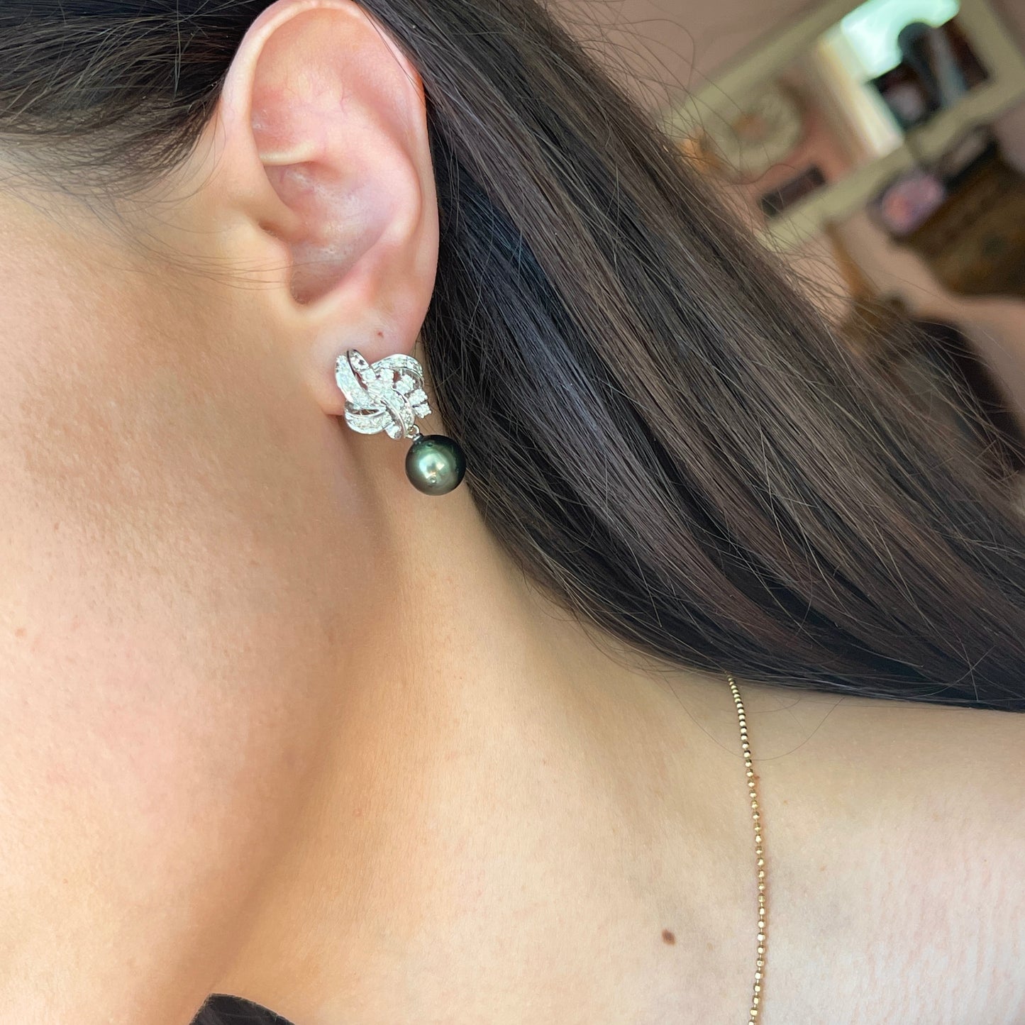 Estate 18KT White Gold Pave Diamond + Gray Tahitian Pearl Omega Back Earrings