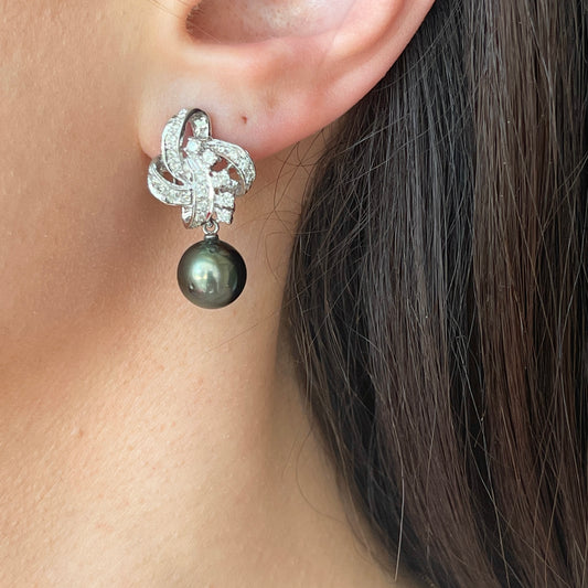 Estate 18KT White Gold Pave Diamond + Gray Tahitian Pearl Omega Back Earrings