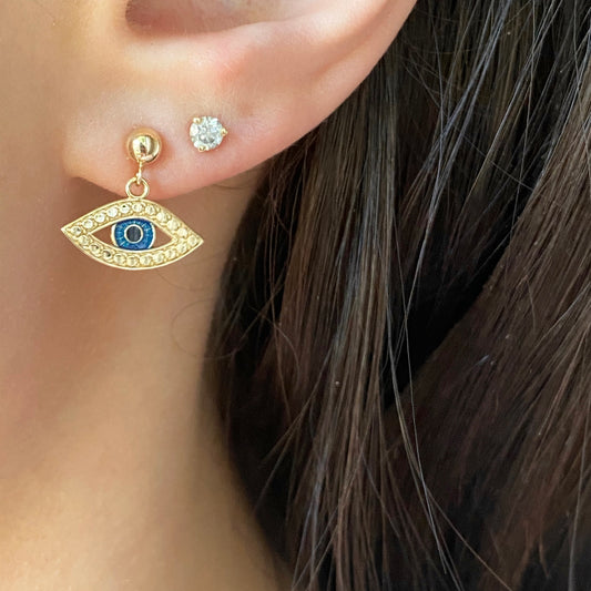 14KT Yellow Gold Blue Enamel Evil Eye Ball Post Earrings