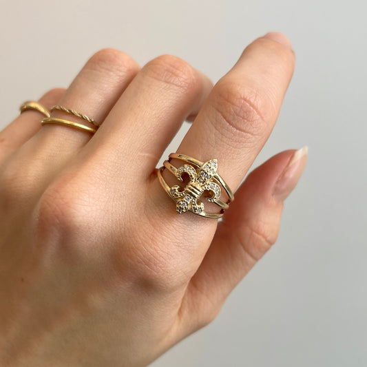 14KT Yellow Gold + Pave Diamond Fleur de Lis Band Ring - LSJ