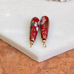 Estate 14KT Yellow Gold Red Multi-Color Cloisonne Oblong Earring Charms