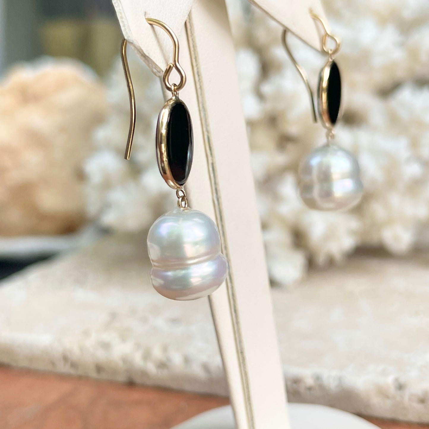 14KT Yellow Gold Oval Black Onyx + 12mm Paspaley South Sea Pearl Hook Earrings