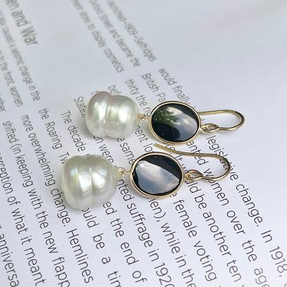 14KT Yellow Gold Oval Black Onyx + 12mm Paspaley South Sea Pearl Hook Earrings