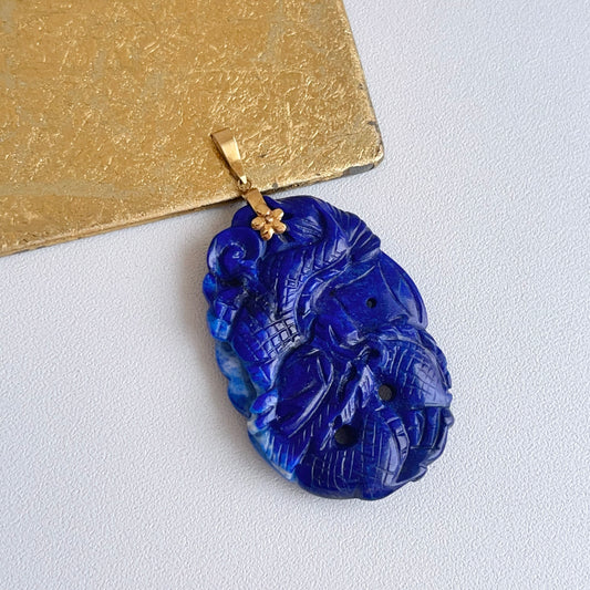 Estate 14KT Yellow Gold Carved Oval Blue Lapis Pendant 55mm