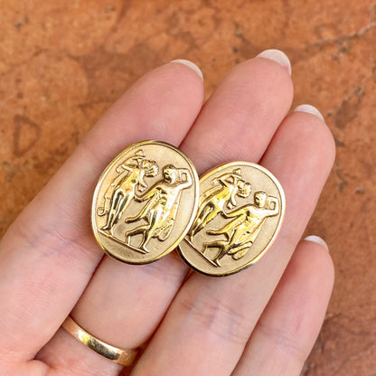 Estate 14KT Yellow Gold Italian Soldier Intaglio Large Oval Omega Back Earrings