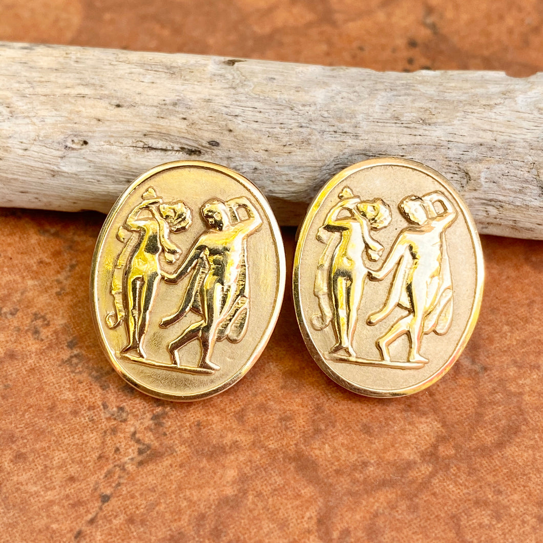 Estate 14KT Yellow Gold Italian Soldier Intaglio Large Oval Omega Back Earrings