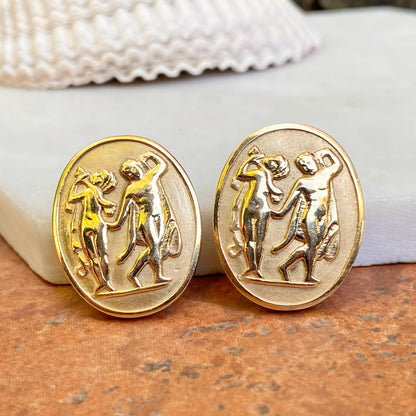 Estate 14KT Yellow Gold Italian Soldier Intaglio Large Oval Omega Back Earrings