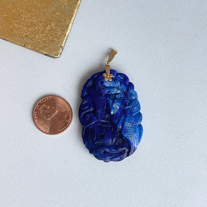 Estate 14KT Yellow Gold Carved Oval Blue Lapis Pendant 55mm